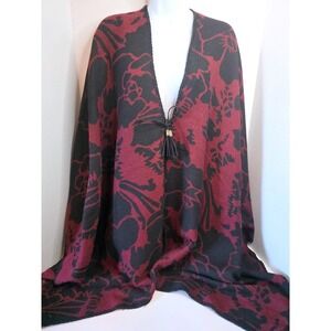 Marc New York Andrew Marc Floral Jacquard Poncho Burgundy Black Tassel Tie OS